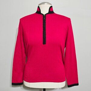 AK Anne Klein Sweater XL Womens Black Red Color Blocked  Trim Classic Preppy